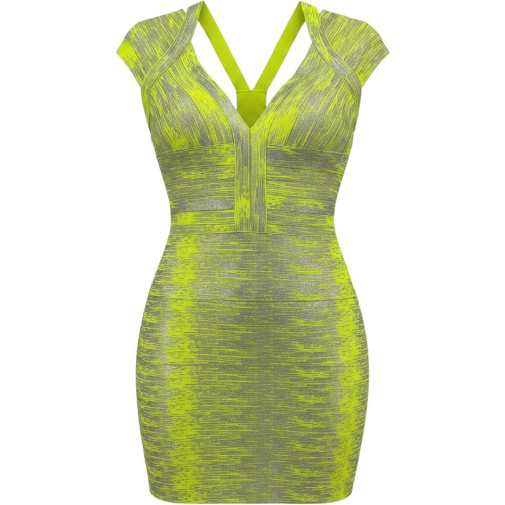Mac Duggal Bandage Dress Metallic Neon Yellow 8 Women Bodycon Cocktail Mini